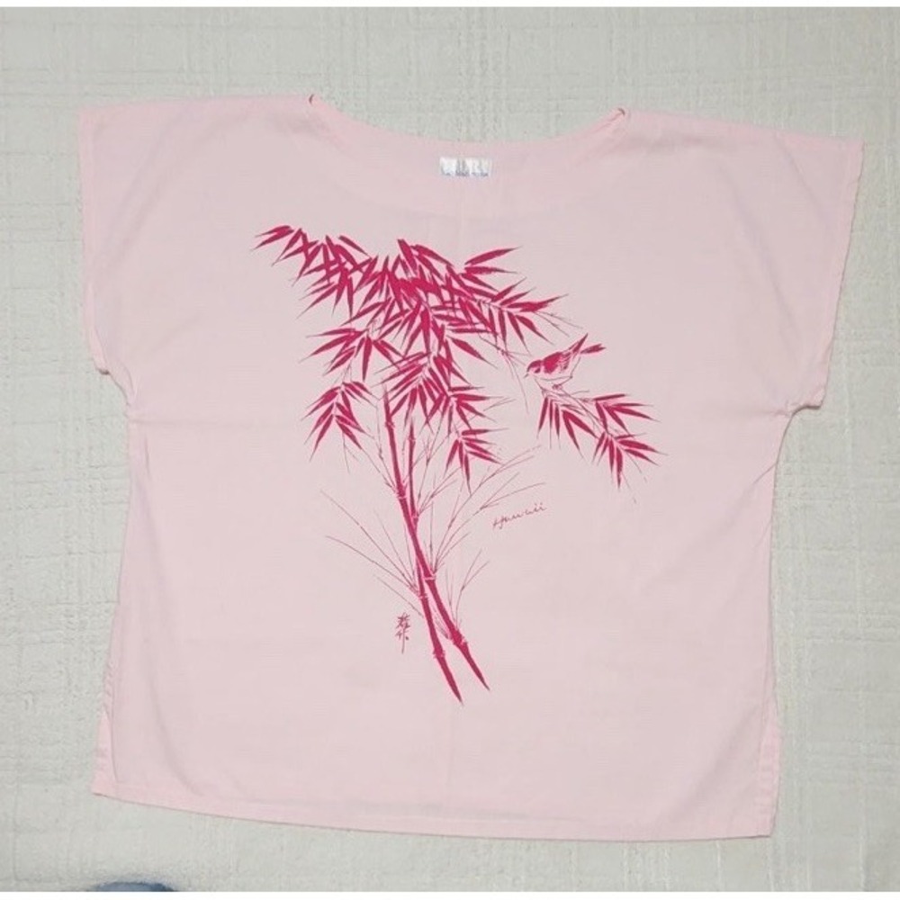 Vintage High Noon Hawaii‎ Hawaiian Pink Shirt top Large Floral Trees USA